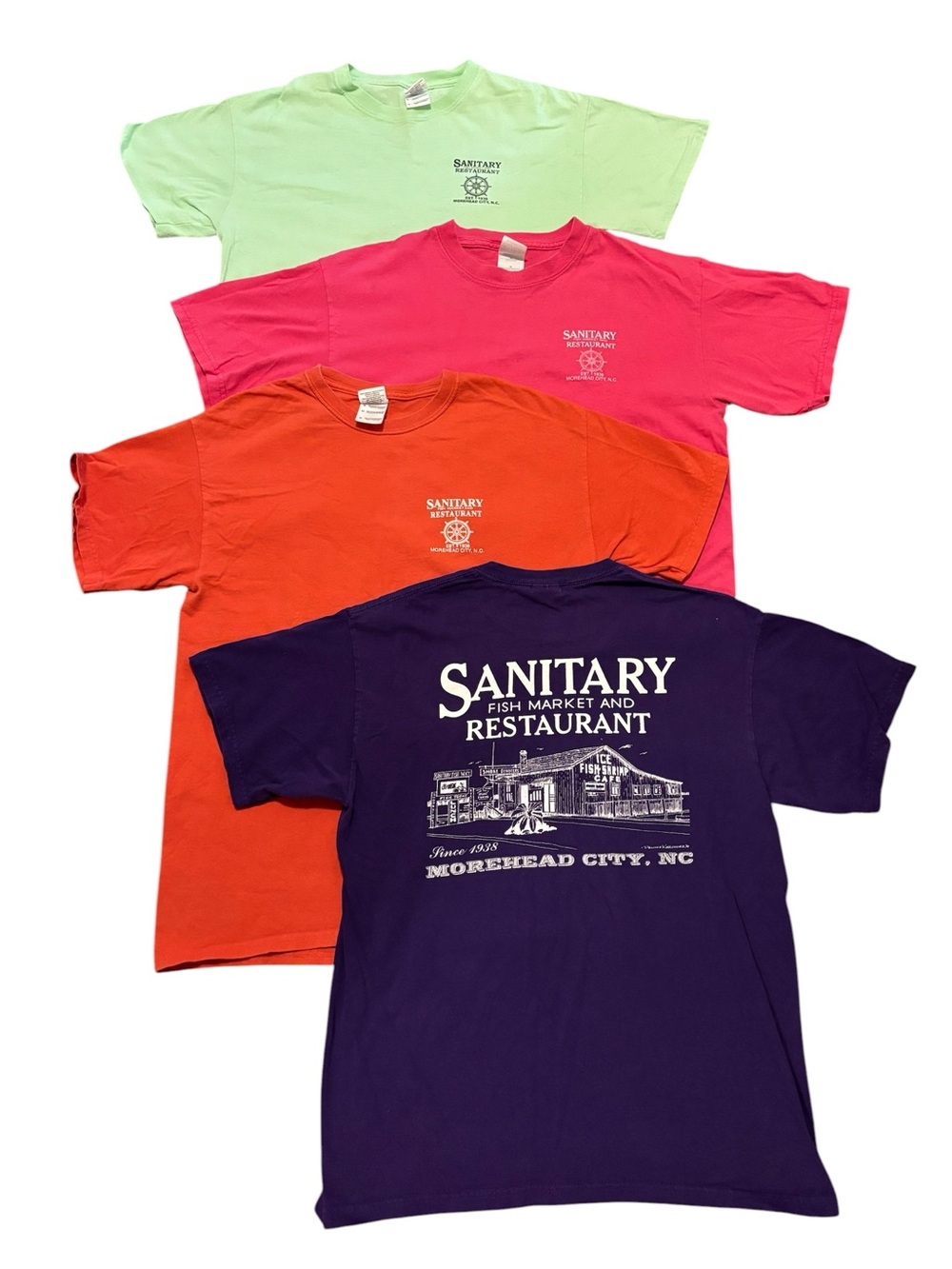 OBX Sanitary Restaurant Graphic Tee Bundle - Neon Green, Pink, Purple, Orange, M